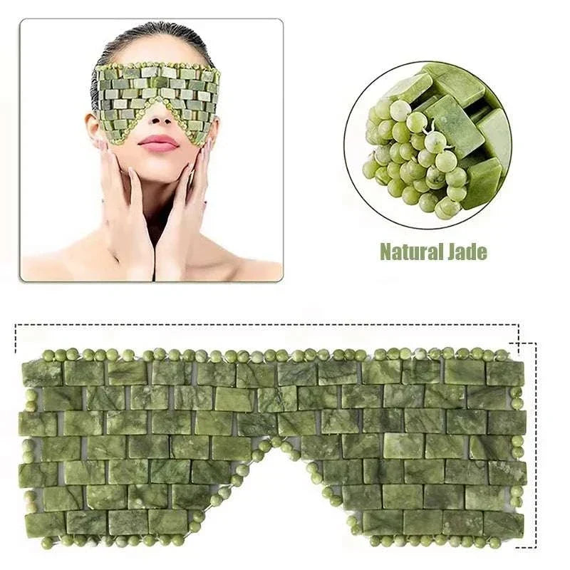 Natural Xiuyan Jade facial mask tool in mottled green stone, made of small rectangular tiles and rounded beads