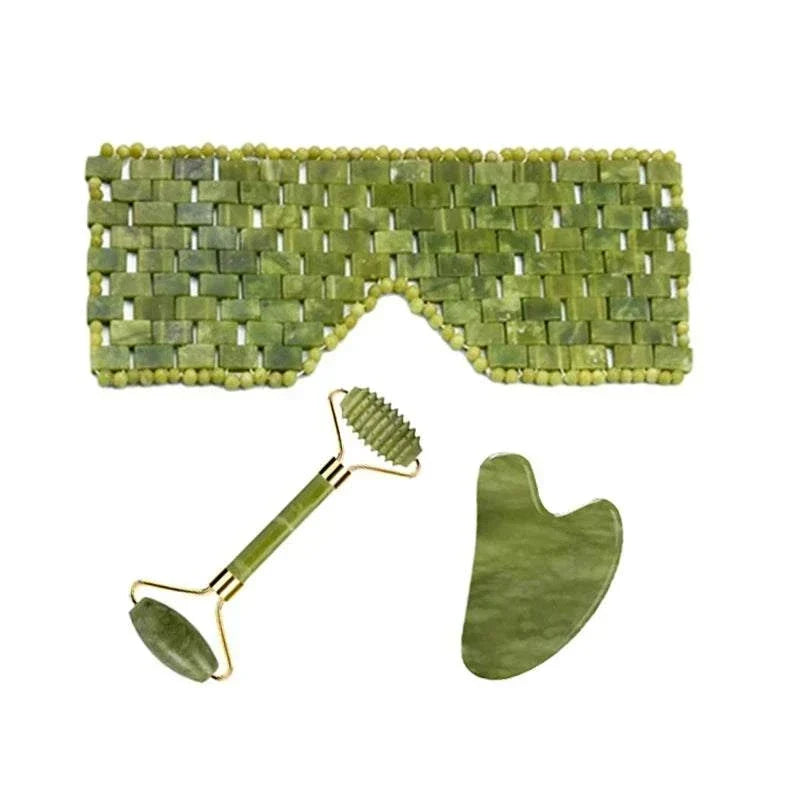 Natural Xiuyan Jade facial massage set in olive green stone, with a woven eye mask, ridged roller and smooth gua sha scraper