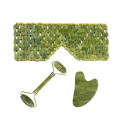 Natural Xiuyan Jade facial massage set in olive green stone, with a woven eye mask, ridged roller and smooth gua sha scraper