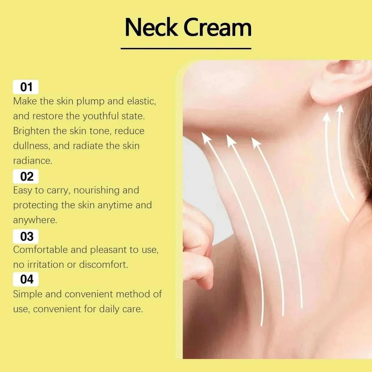 Neck Firming Cream infographic with a neck and jawline illustration, upward arrows and skin-care benefit text