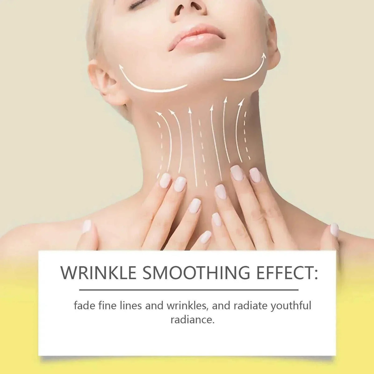 Neck Firming Cream product graphic showing a woman touching her neck with arrows illustrating upward lifting and wrinkle smoothing