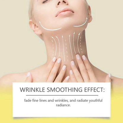 Neck Firming Cream product graphic showing a woman touching her neck with arrows illustrating upward lifting and wrinkle smoothing