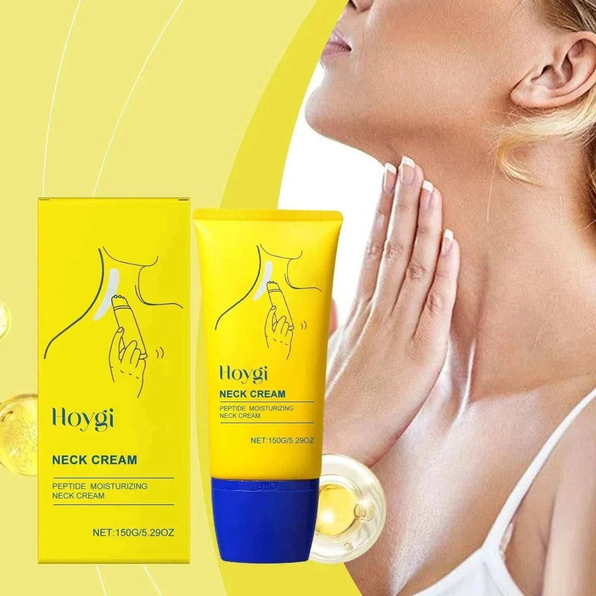 Neck Firming Cream in a bright yellow tube and matching box with blue bases and a neck-care illustration
