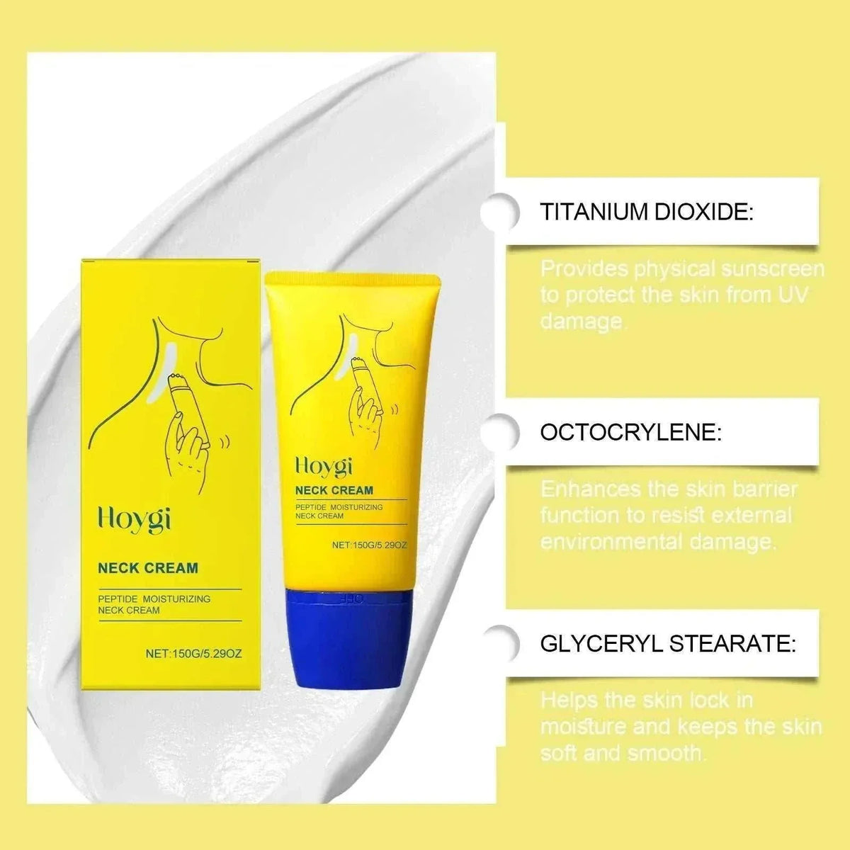 Neck Firming Cream in a bright yellow tube and matching box, with a blue cap and neck care illustration