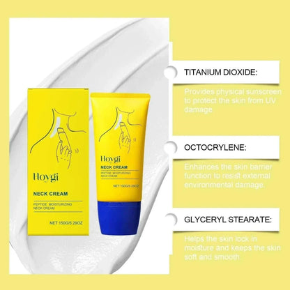 Neck Firming Cream in a bright yellow tube and matching box, with a blue cap and neck care illustration