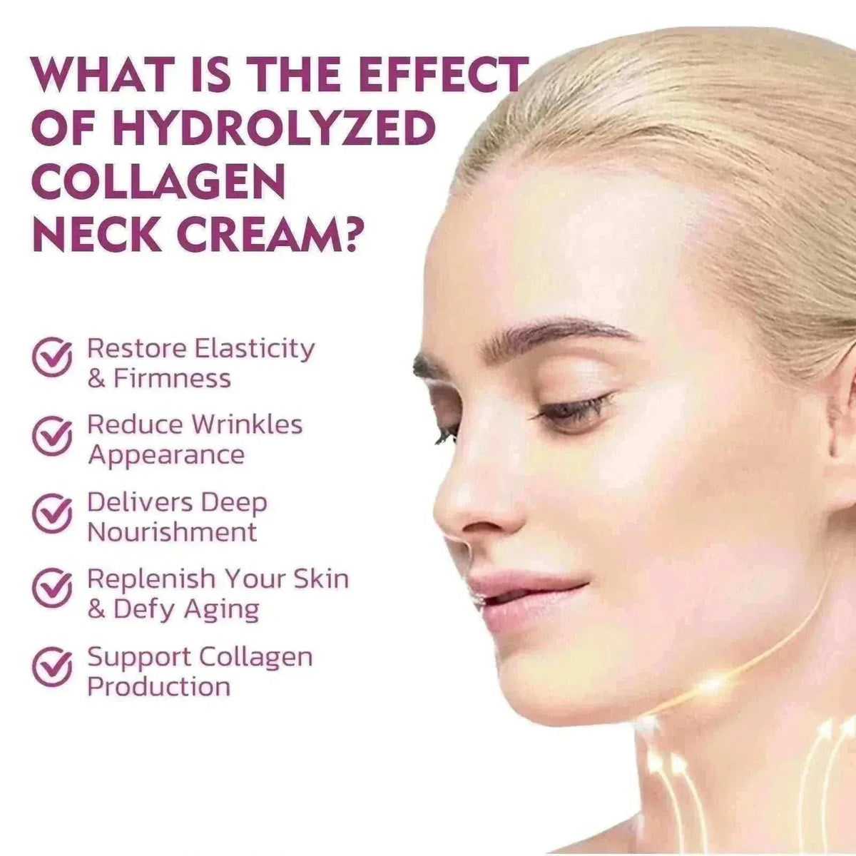 Neck Lines Protein Cream graphic with a blonde woman’s profile, collagen neck cream claims, and checked benefits