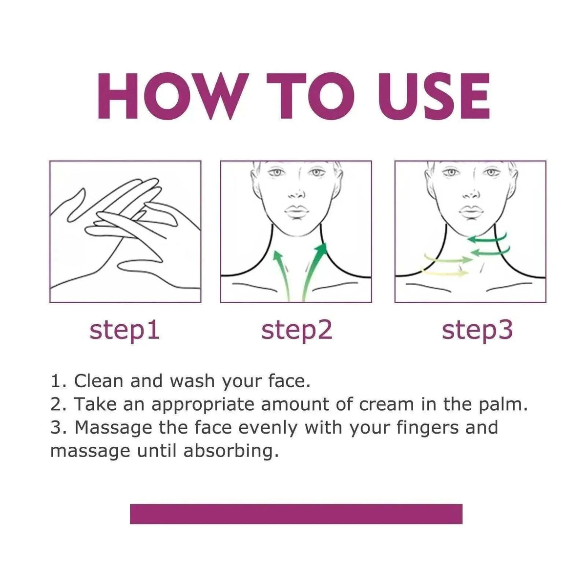 Neck Lines Protein Cream illustrated use instructions show applying cream in the palm and massaging the neck upward
