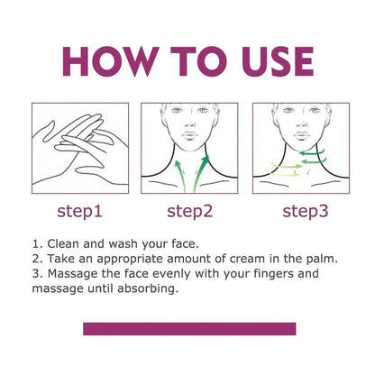 Neck Lines Protein Cream illustrated use instructions show applying cream in the palm and massaging the neck upward