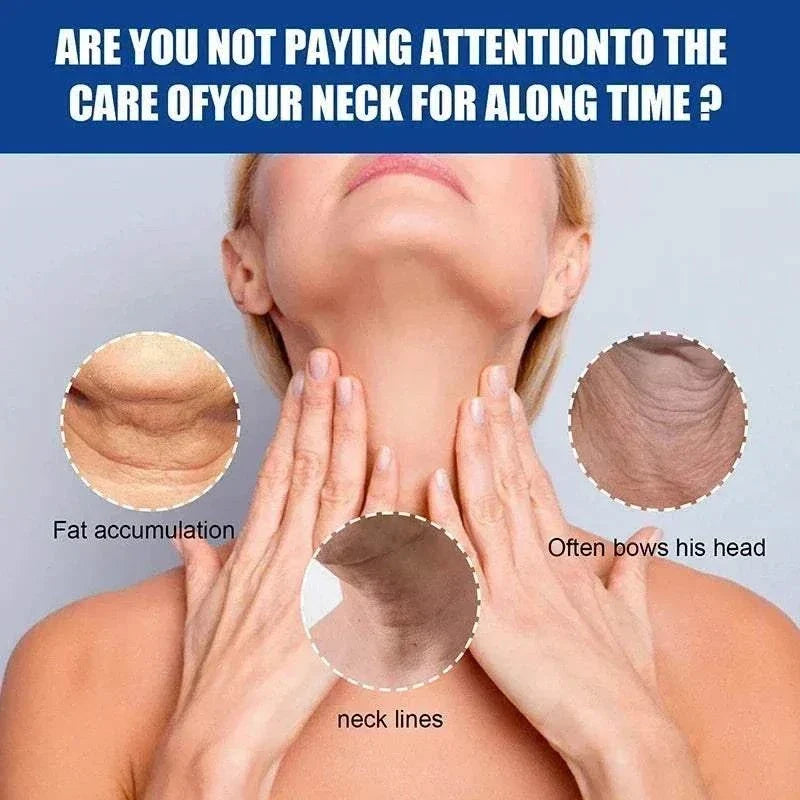 Neck Lines Protein Cream neck care graphic showing a woman touching her neck, with close-ups of lines and folds