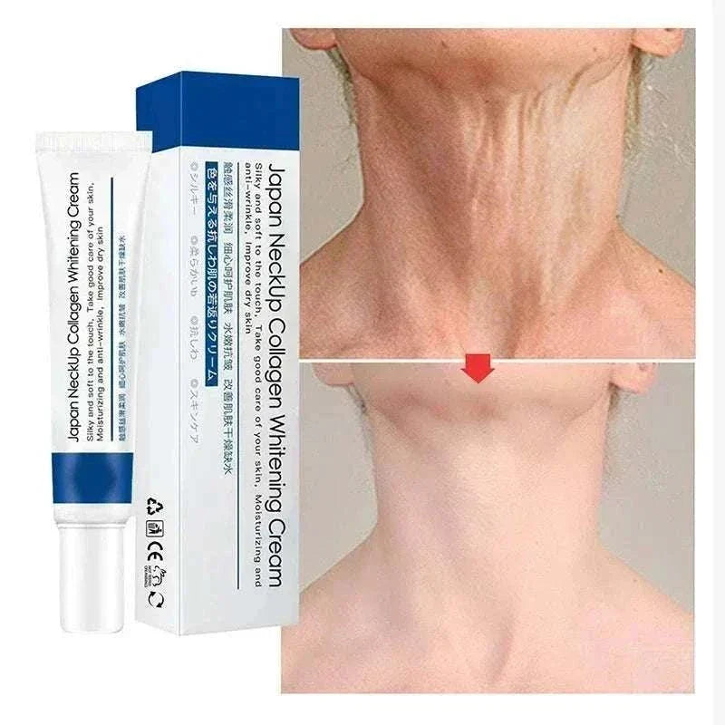 Neck cream tube and box for Neck Lines Protein Cream, with white and blue packaging beside two neck photos