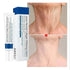 Neck cream tube and box for Neck Lines Protein Cream, with white and blue packaging beside two neck photos
