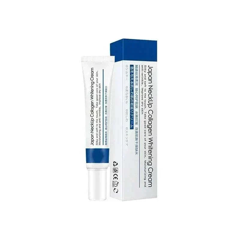 Neck Lines Protein Cream in a white plastic tube with blue accents and a silver cap, beside a matching box