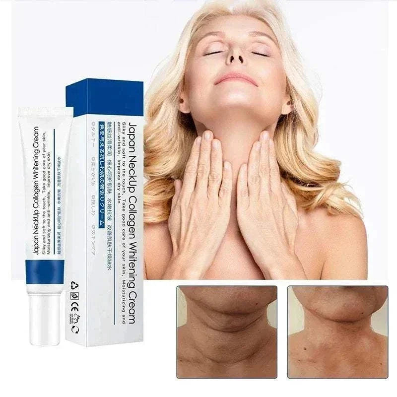 Neck Lines Protein Cream in a white and blue plastic tube beside its carton, with neck care and comparison images