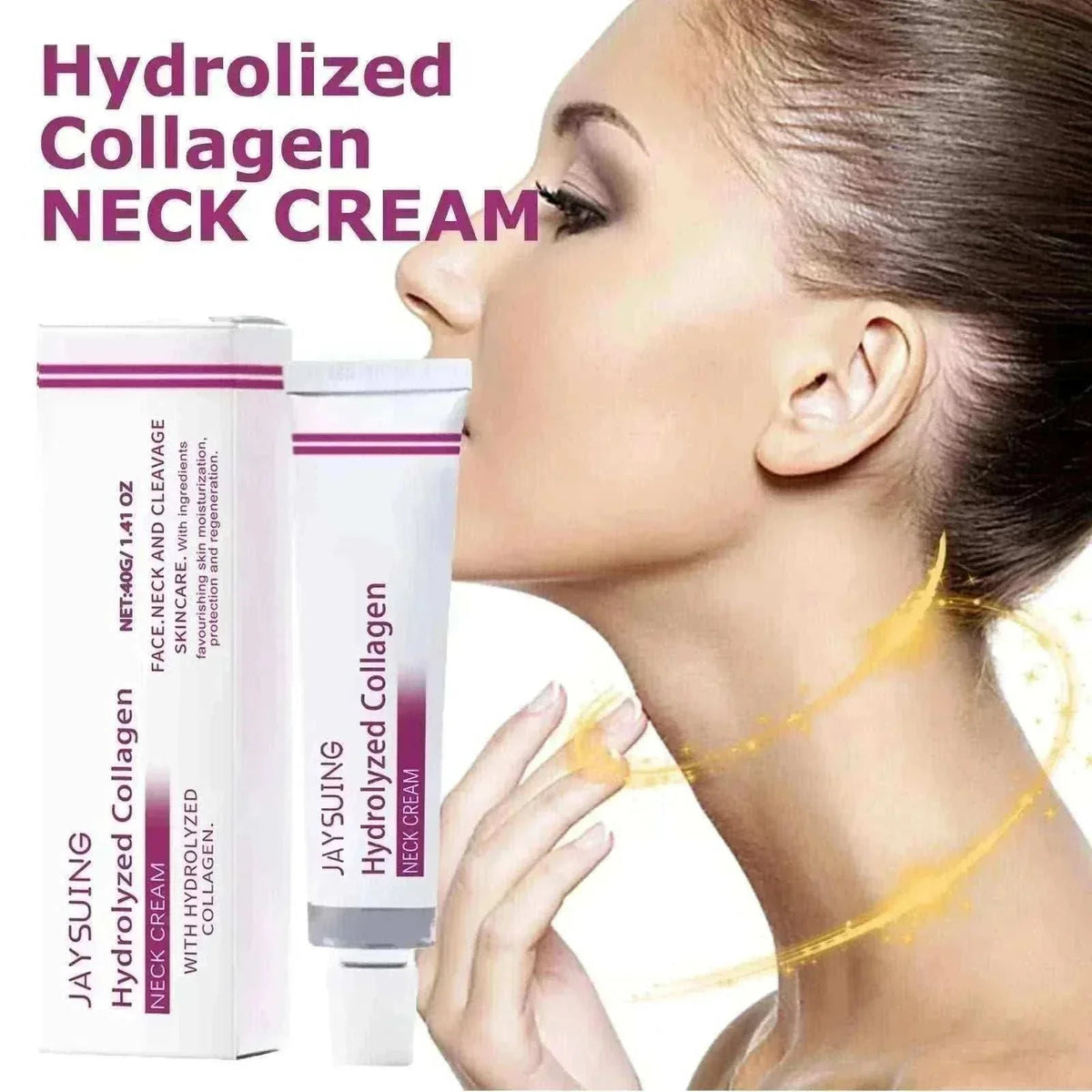 Neck Lines Protein Cream in a white tube and box labeled hydrolyzed collagen neck cream beside a woman touching her neck