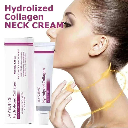 Neck Lines Protein Cream in a white tube and box labeled hydrolyzed collagen neck cream beside a woman touching her neck