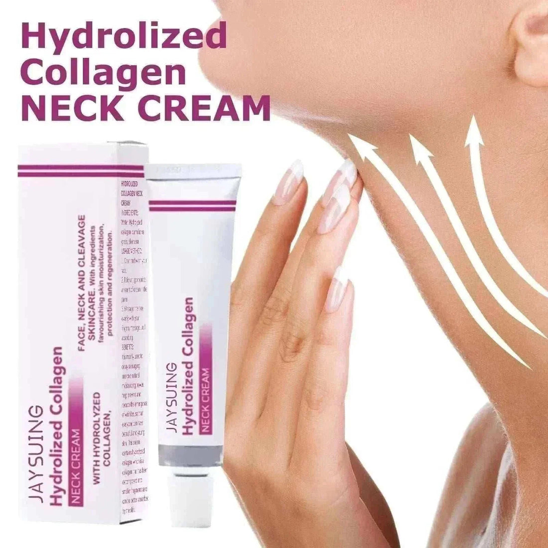 Neck Lines Protein Cream in a white and purple tube and box, labeled hydrolyzed collagen neck cream
