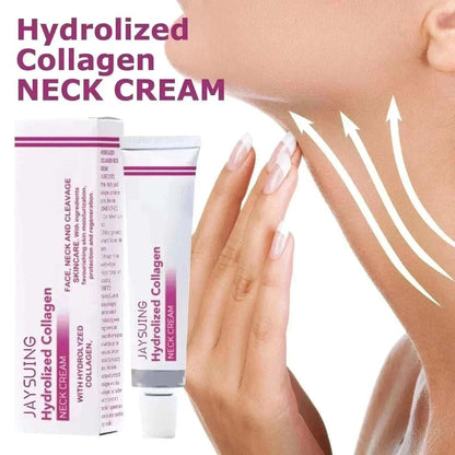 Neck Lines Protein Cream in a white and purple tube and box, labeled hydrolyzed collagen neck cream