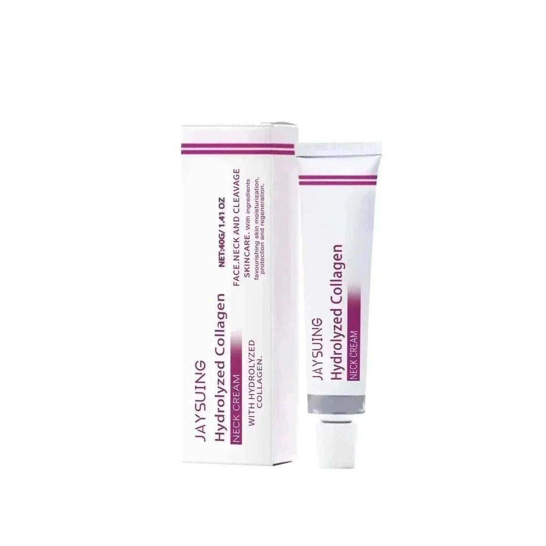 Neck Lines Protein Cream in a white tube and matching box with magenta stripes and collagen skincare labeling