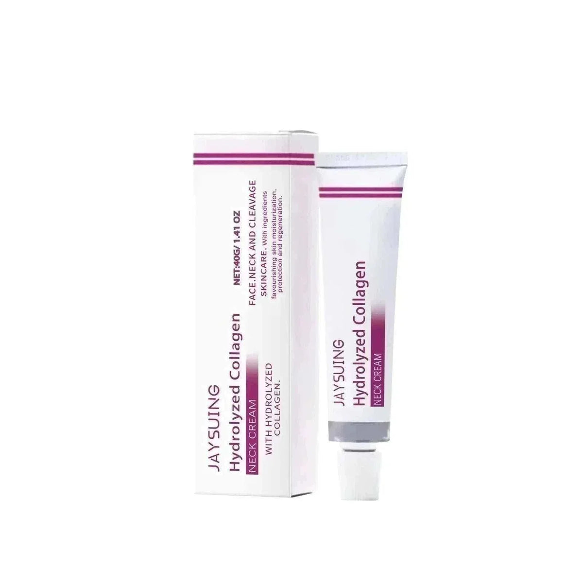 Neck Lines Protein Cream in a white tube and matching box with magenta stripes and collagen skincare labeling