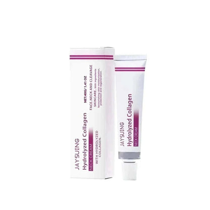 Neck Lines Protein Cream in a white tube and matching box with magenta stripes and collagen skincare labeling
