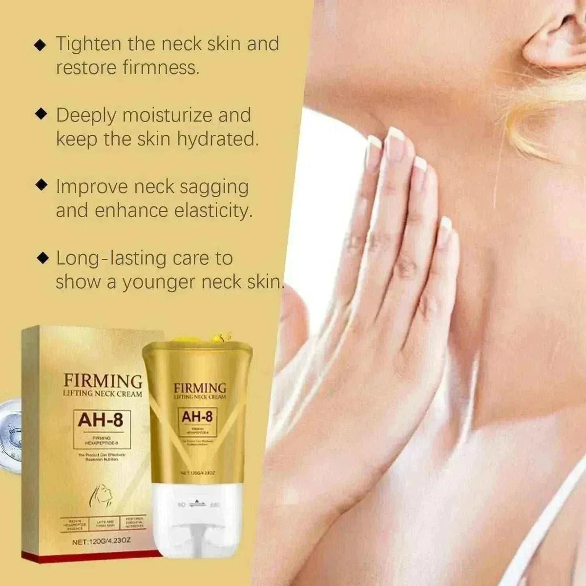 neck tightening cream in a gold squeeze tube beside its matching box, labeled firming lifting neck cream