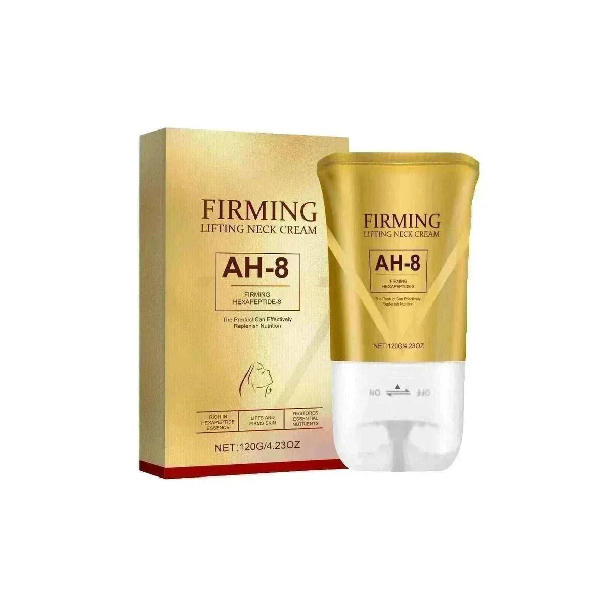neck tightening cream in a gold and white tube with matching box, labeled firming lifting neck cream with AH-8
