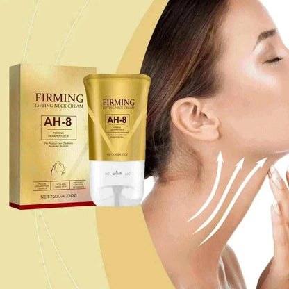 neck tightening cream in a gold and white tube with matching box, shown beside a model demonstrating neck lifting application