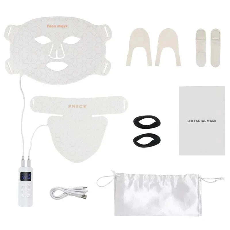 New Generation 4 Colors LED Photon Facial Therapy Mask kit including white silicone mask, neck pad, remote control, cables, straps, and storage pouch