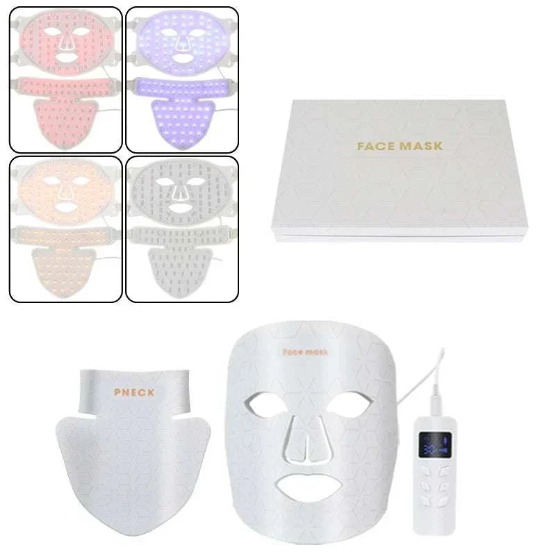 New Generation 4 Colors LED Photon Facial Therapy Mask set including white silicone face mask, neck mask, and remote control in white box