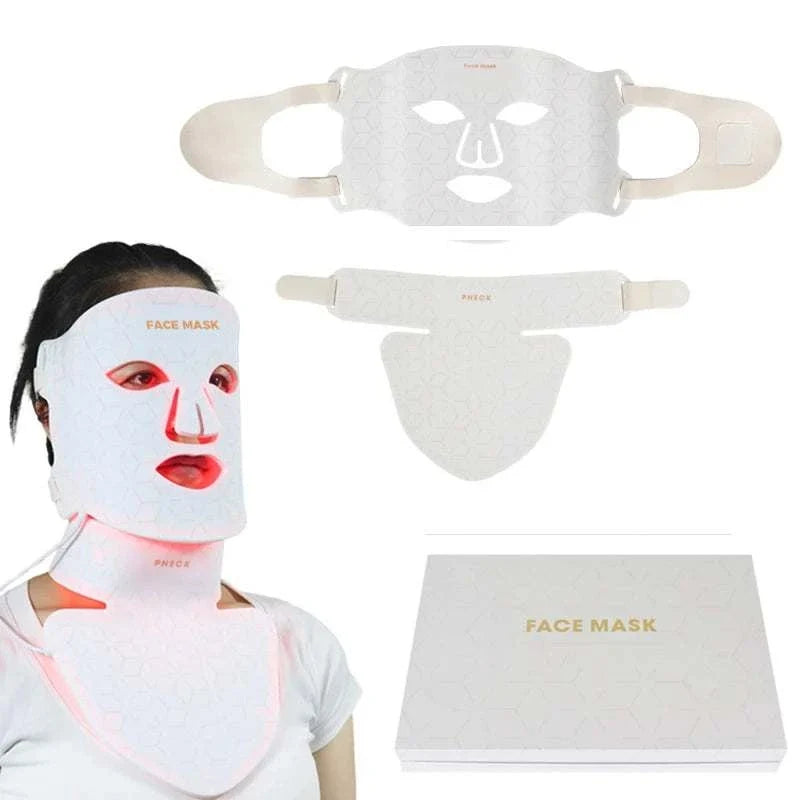 New Generation 4 Colors LED Photon Facial Therapy Mask in soft white silicone with adjustable straps, covering face and neck with red LED light therapy
