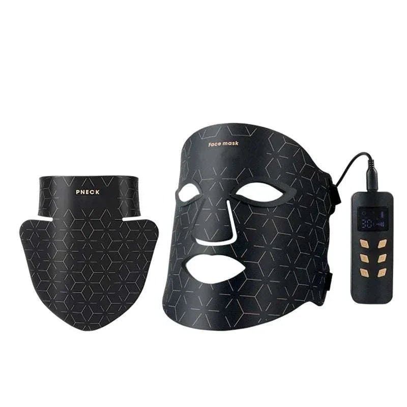 Red Light Led Facial Mask set with black silicone face and neck covers featuring geometric pattern and connected remote controller