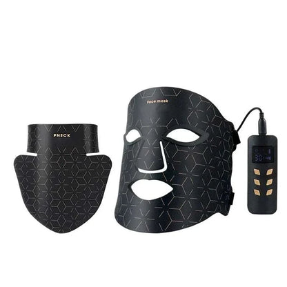Red Light Led Facial Mask set with black silicone face and neck covers featuring geometric pattern and connected remote controller