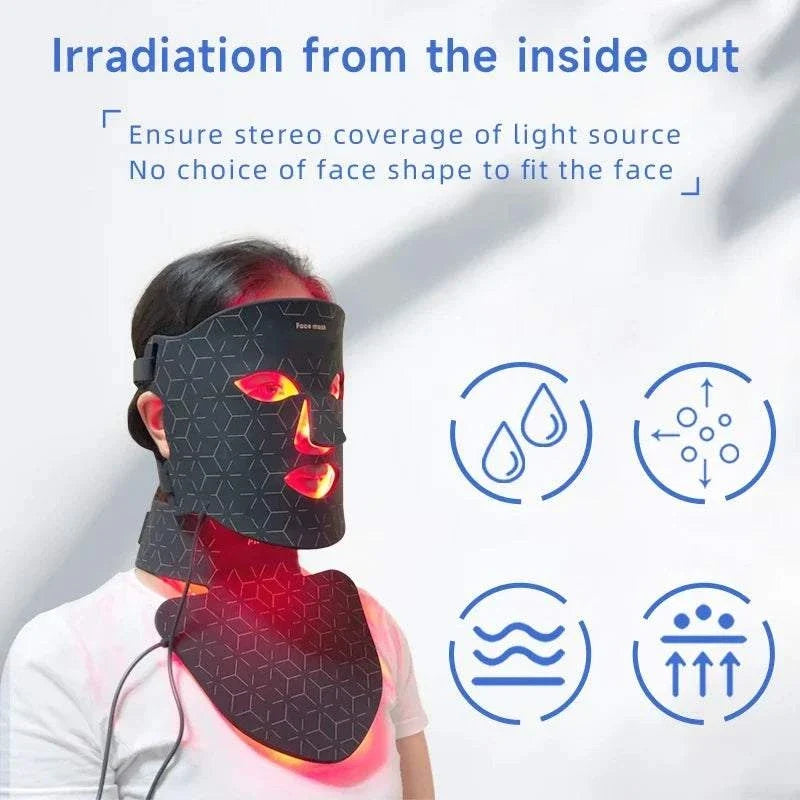 Red Light Led Facial Mask with black geometric pattern, flexible silicone covering face and neck illuminated with red therapy light