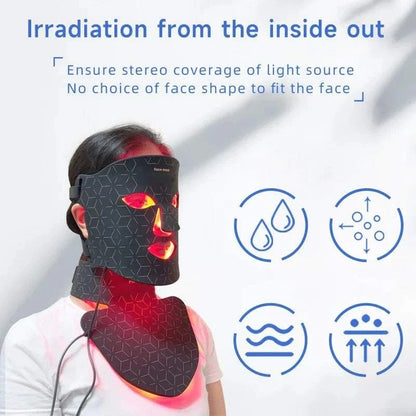 Red Light Led Facial Mask with black geometric pattern, flexible silicone covering face and neck illuminated with red therapy light