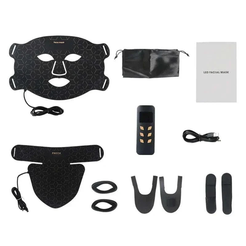 Red Light Led Facial Mask set including black silicone face and neck masks with geometric pattern, remote control, USB cable, carrying pouch, and instruction manual