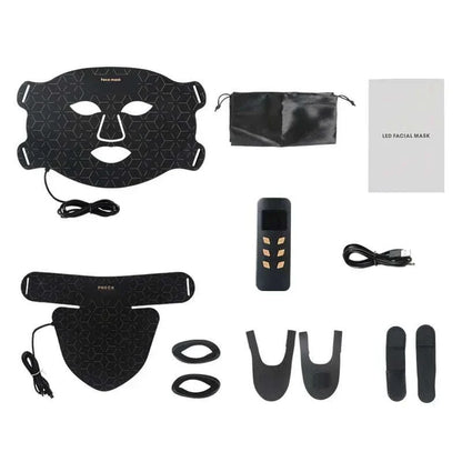 Red Light Led Facial Mask set including black silicone face and neck masks with geometric pattern, remote control, USB cable, carrying pouch, and instruction manual