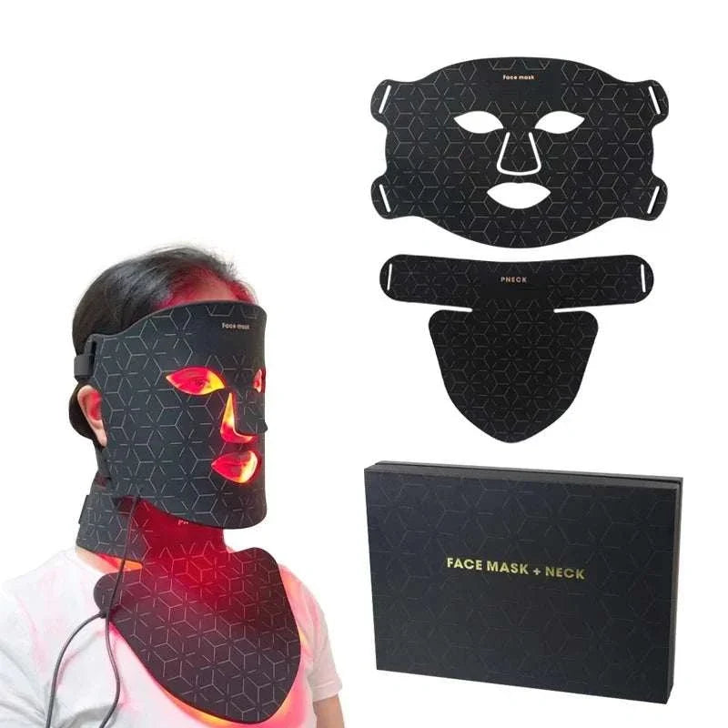 Red Light Led Facial Mask in black silicone with geometric pattern, covering face and neck, emitting red LED light for therapy