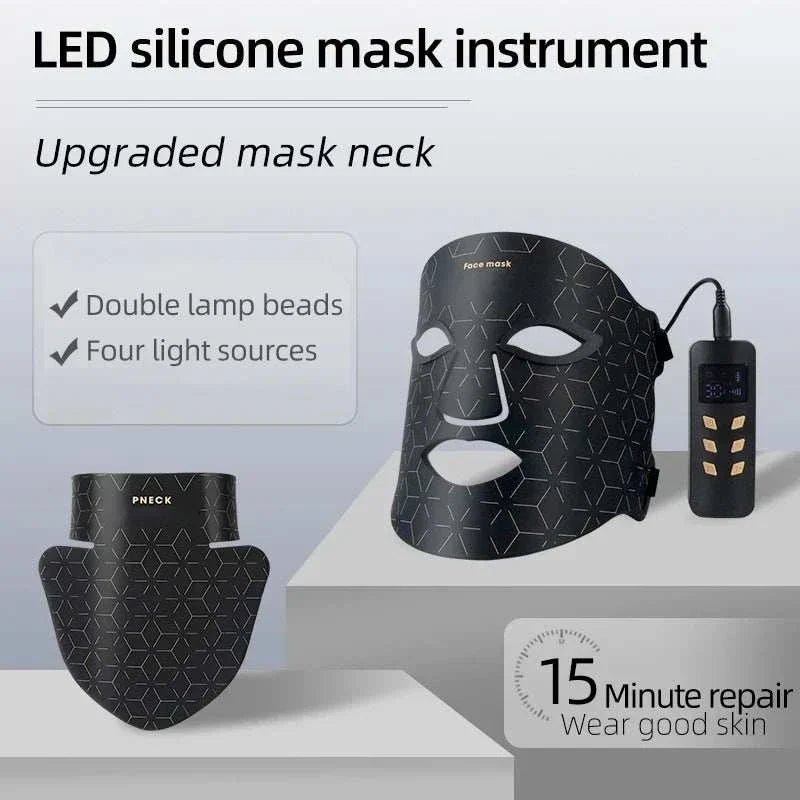 Red Light Led Facial Mask in black soft silicone with geometric pattern, equipped with LED lights and a wired remote control for skin therapy.