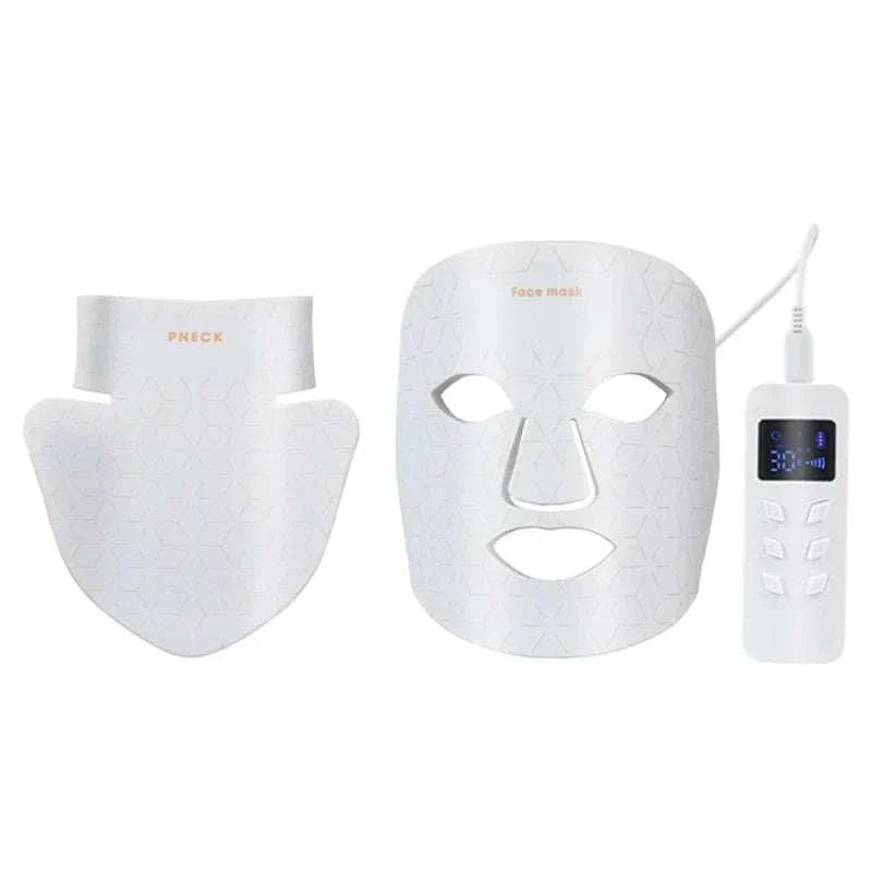 Portable white silicone Red Light Led Facial Mask set including face and neck masks with geometric pattern and remote control