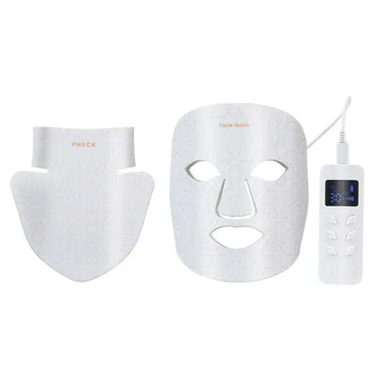 Portable white silicone Red Light Led Facial Mask set including face and neck masks with geometric pattern and remote control