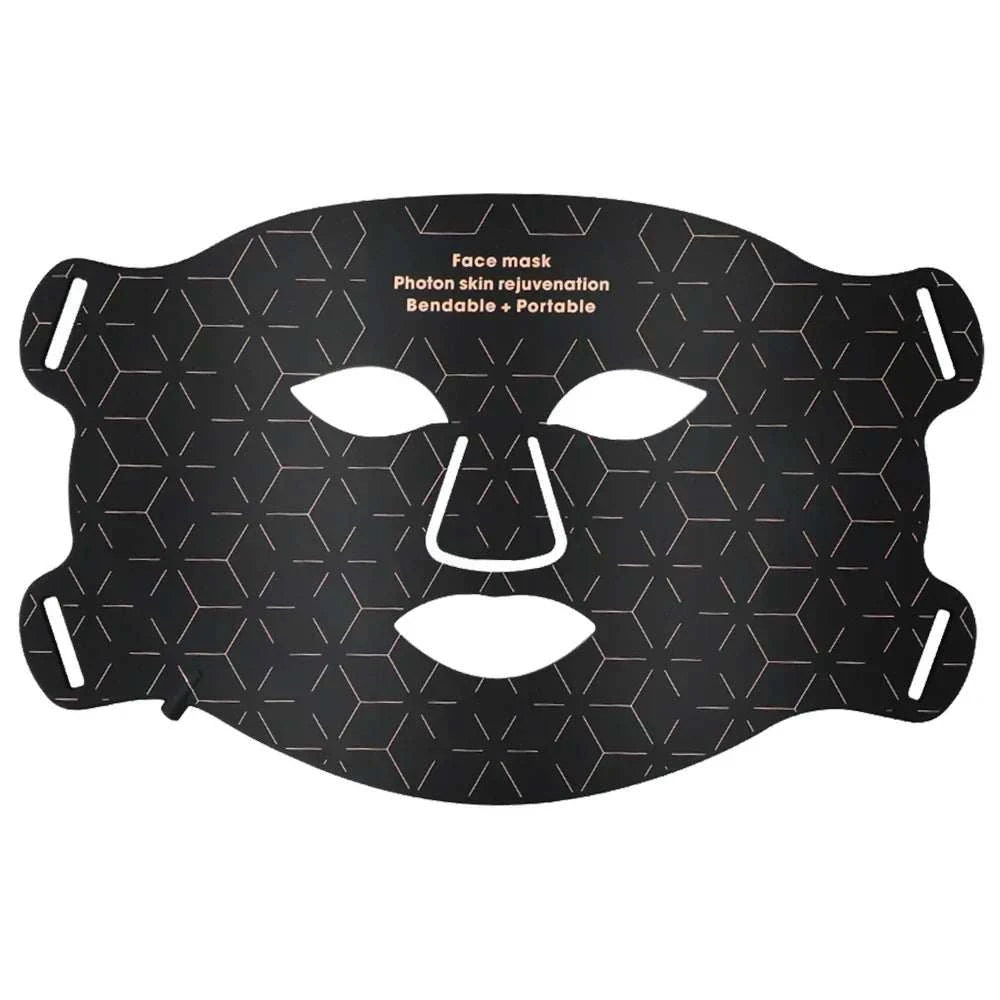 Black silicone face mask with geometric pattern and text for Red Light Photon Therapy, flexible and portable design