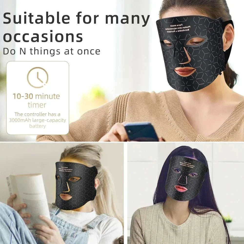Red Light Photon Therapy black silicone LED face mask with geometric pattern worn by diverse women for skincare