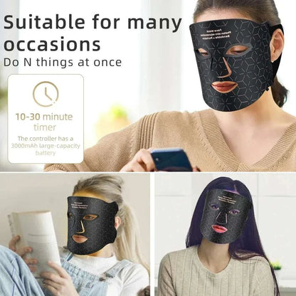 Red Light Photon Therapy black silicone LED face mask with geometric pattern worn by diverse women for skincare