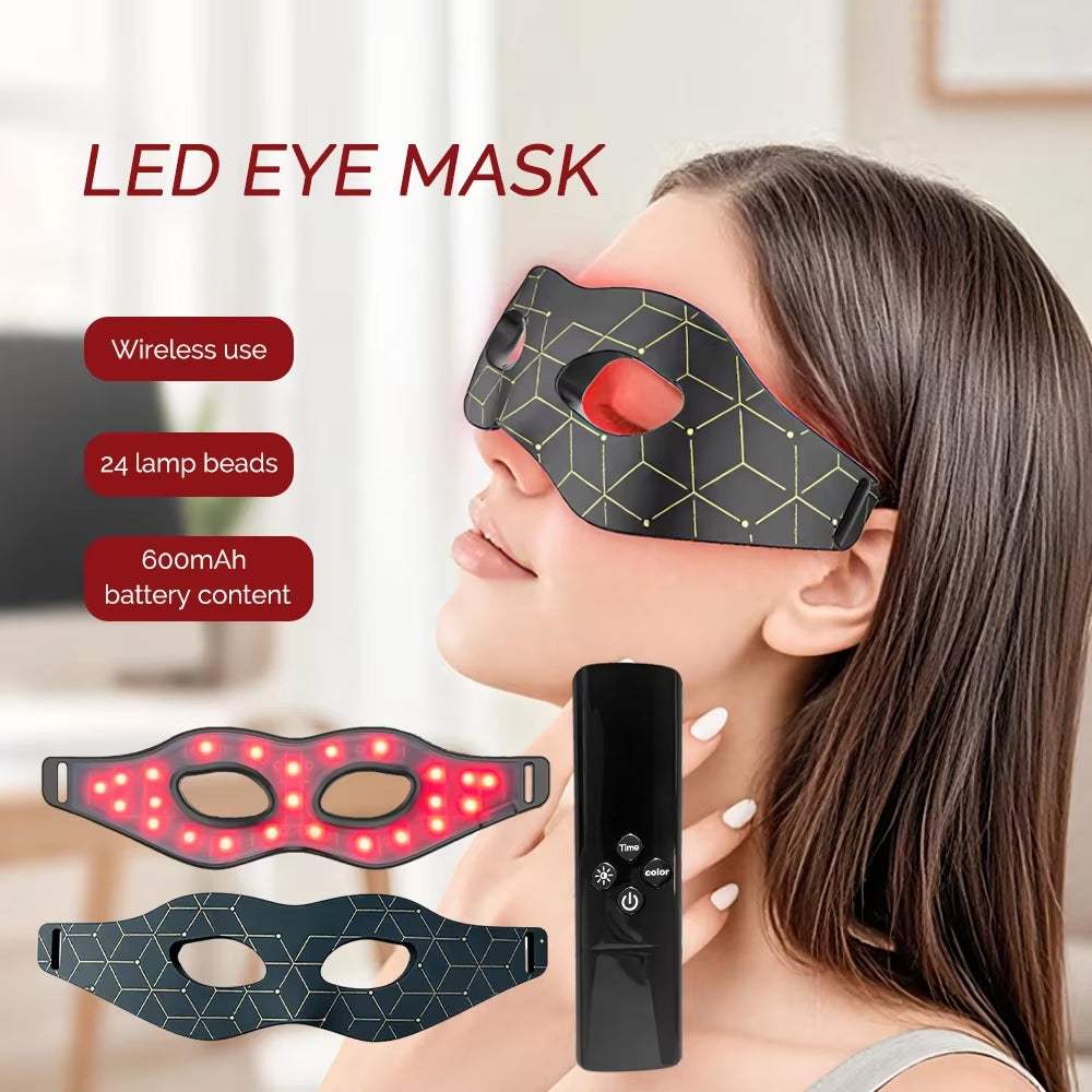 Red Light Silicone Eye Mask in black with gold geometric lines, flexible contoured design and red LED lamp beads