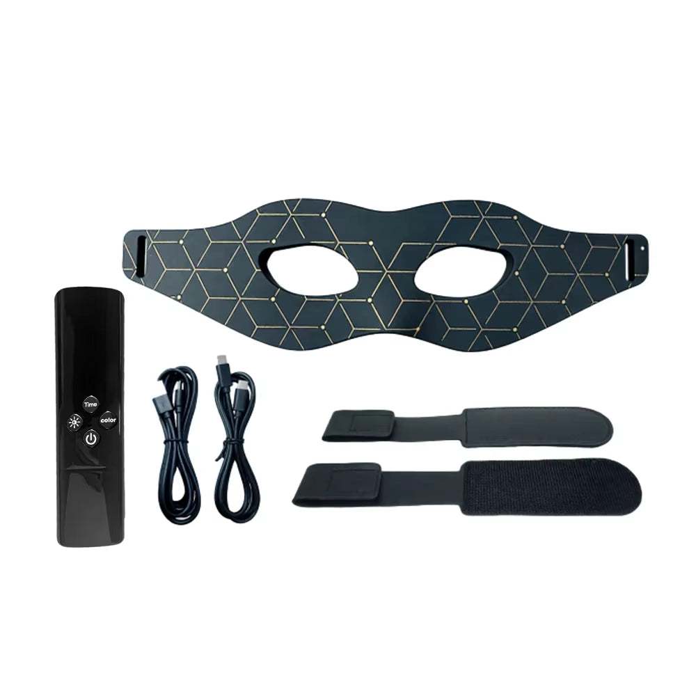 Red Light Silicone Eye Mask in black patterned silicone with eye cutouts, controller, charging cables and adjustable straps