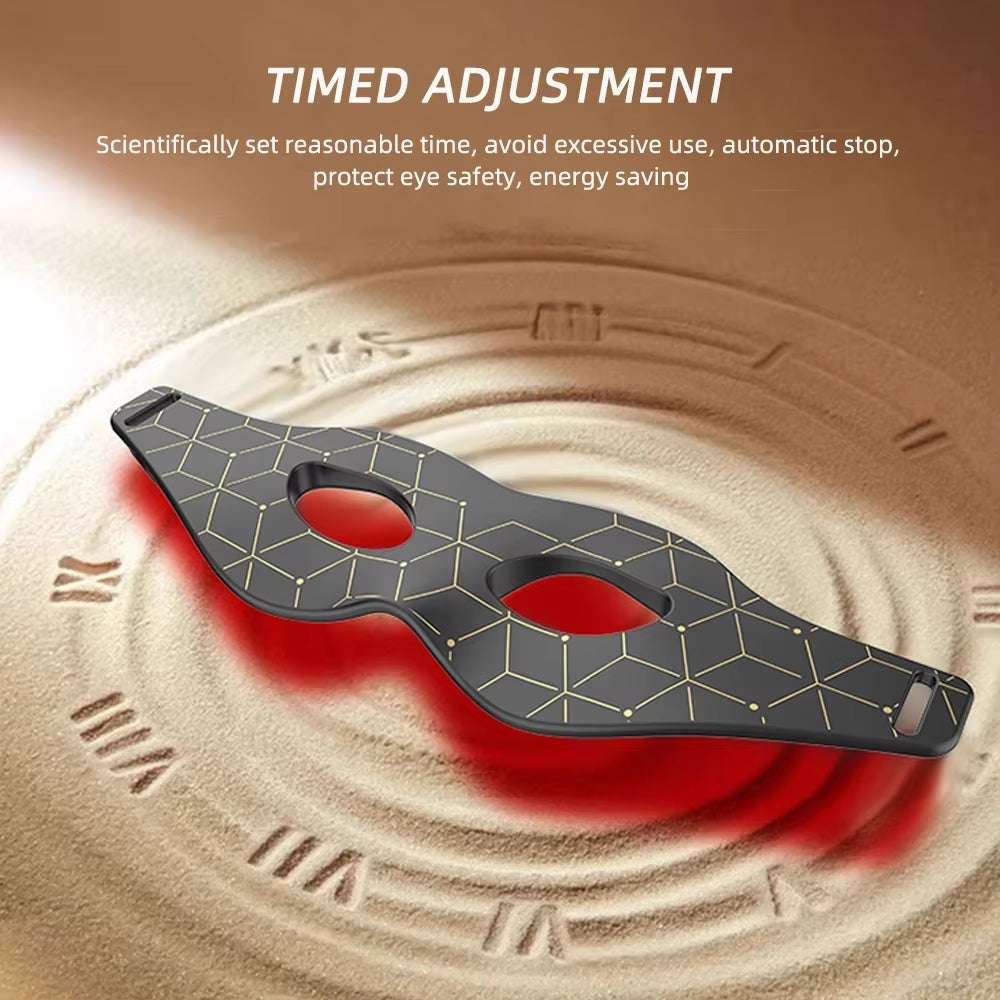 Red Light Silicone Eye Mask with a dark geometric-patterned surface, red LEDs, two eye openings and control buttons