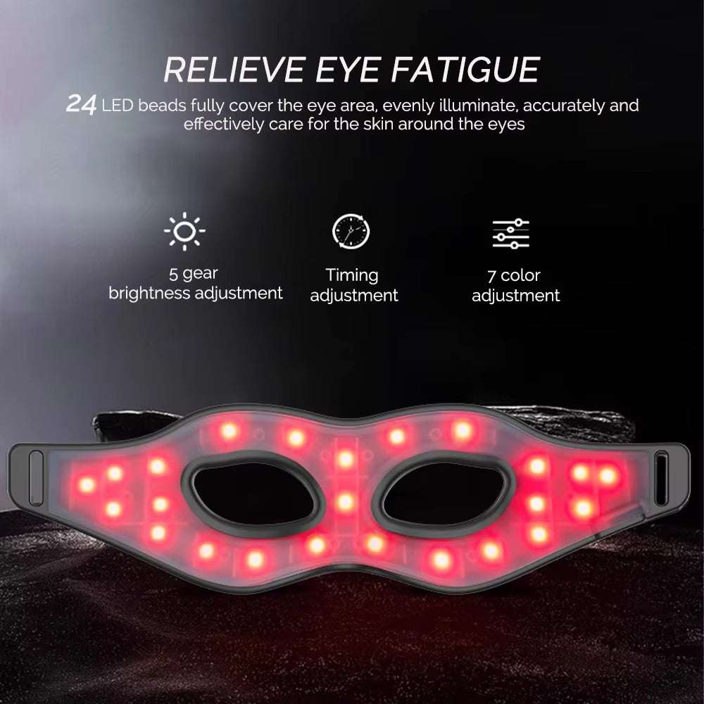 Red Light Silicone Eye Mask in gray silicone with black eye openings, adjustable straps and rows of glowing red LED beads.