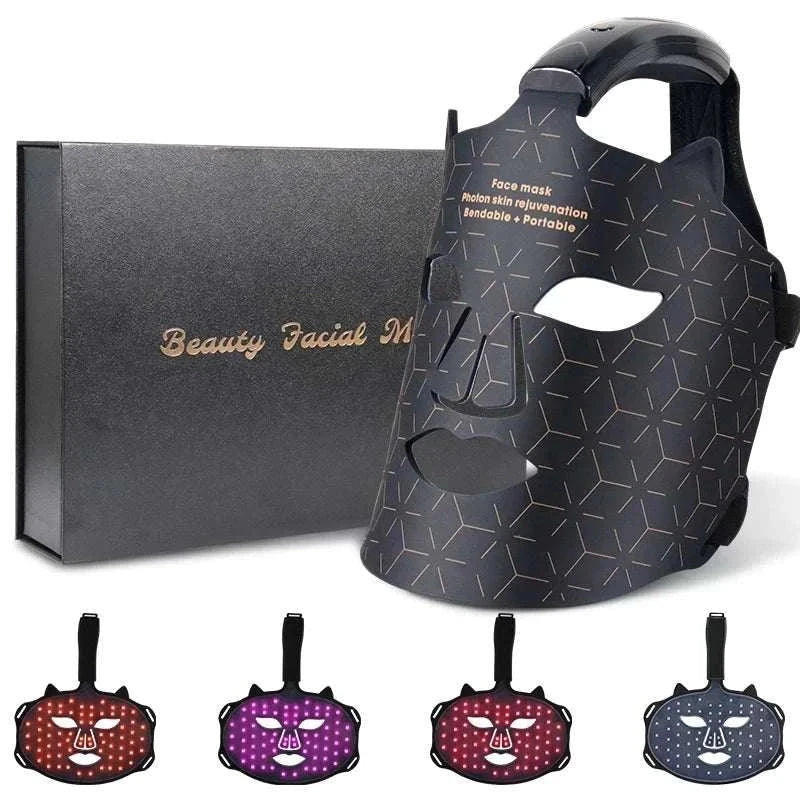 Silica Handheld Mask in black with copper geometric pattern and adjustable strap, featuring LED therapy lights for facial treatment