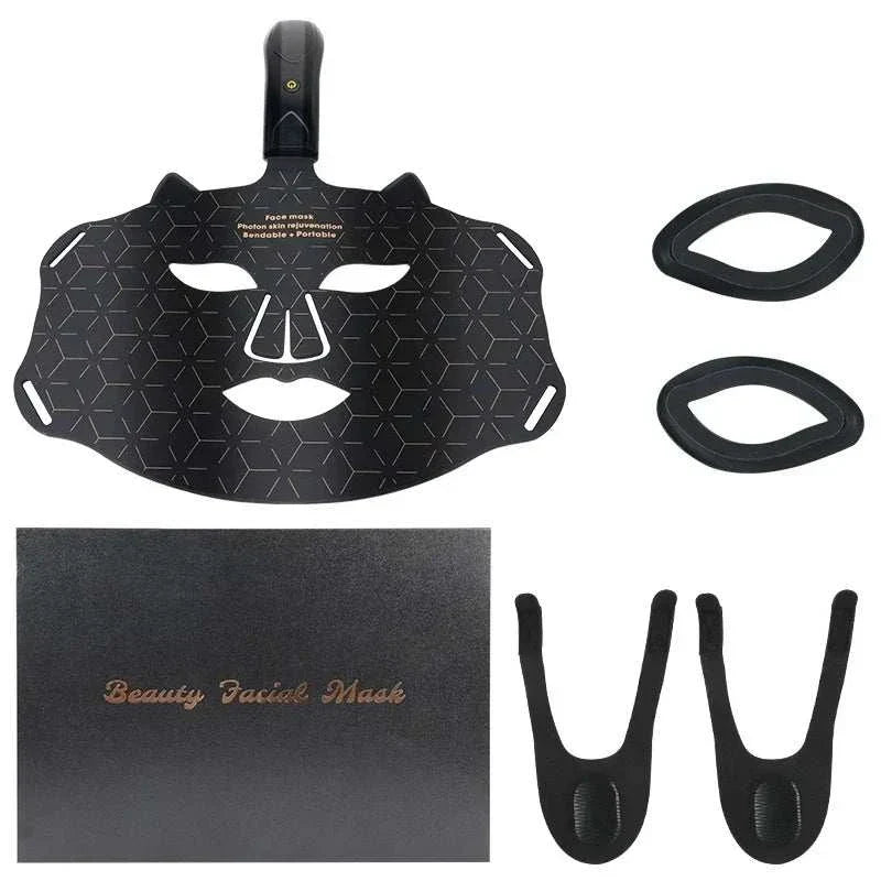Silica Handheld Mask black silicone LED red light therapy facial device with geometric pattern, adjustable straps, and black storage box