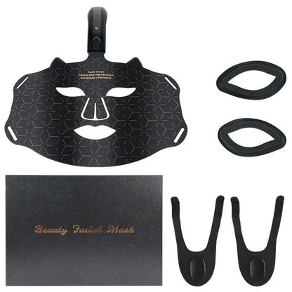 Silica Handheld Mask black silicone LED red light therapy facial device with geometric pattern, adjustable straps, and black storage box